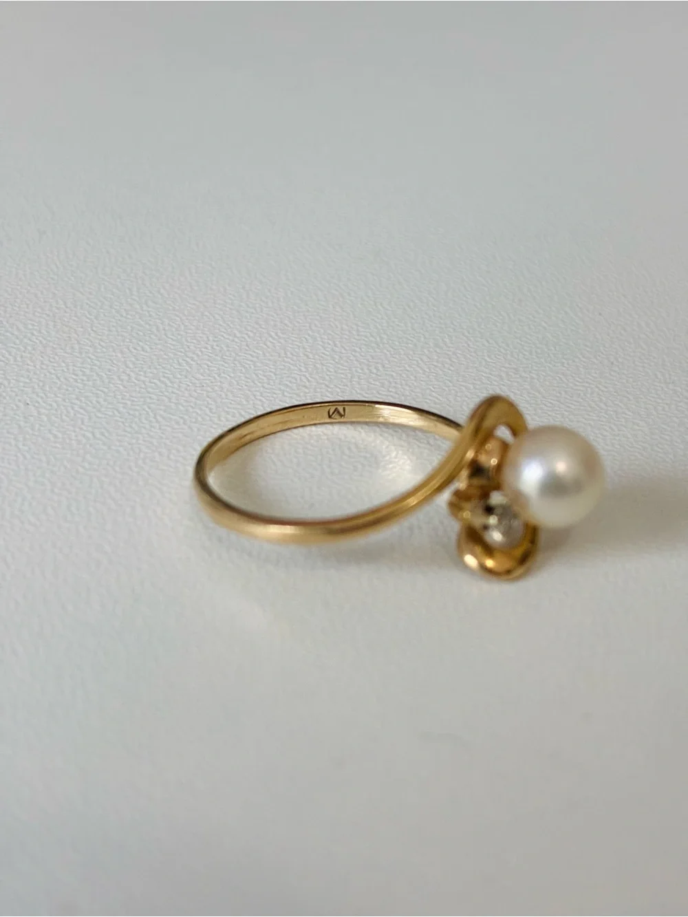 14K Plumb Gold Diamond Pearl Ring And 14K Gold Diamond Earrings, Vintage